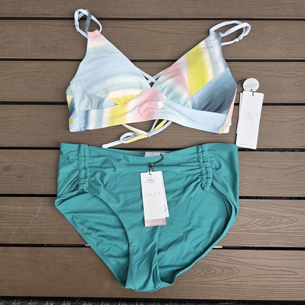 CALIA Women Sediment Puya Triangle Bikini Top & Jungle Tie Front Bikini Sz M New